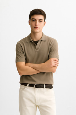 hanuelite Solid Men Polo Neck Beige T-Shirt