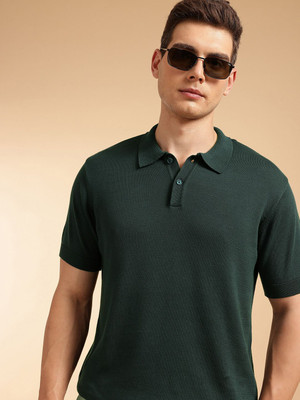 French Connection Solid Men Polo Neck Green T-Shirt