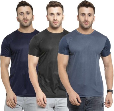 TQH Solid Men Round Neck Dark Blue, Black, Grey T-Shirt