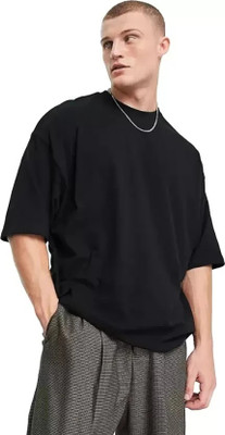 Earthstick Solid Men Round Neck Black T-Shirt