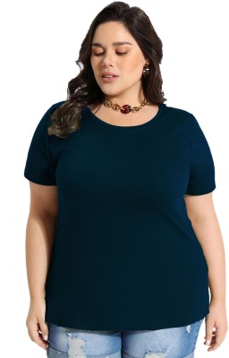 Peach Blossom Solid Women Round Neck Navy Blue T-Shirt