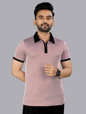 FTX Striped Men Zip Neck Purple T-Shirt