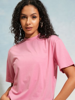 Tokyo Talkies Solid Women Round Neck Pink T-Shirt