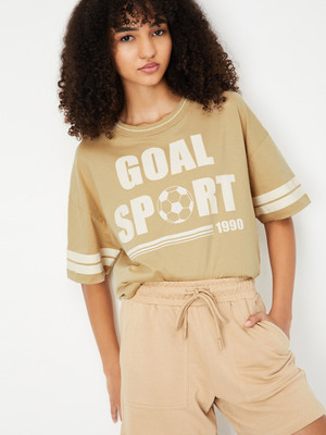 MAX Printed Women Round Neck Beige T-Shirt