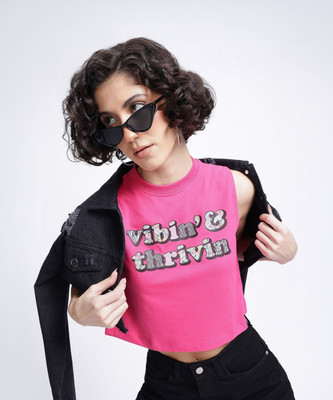 Dressberry Printed Women Round Neck Pink T-Shirt
