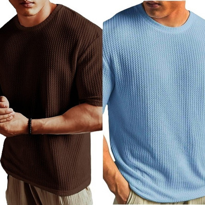 R ARHAN Self Design Men Round Neck Brown, Light Blue T-Shirt