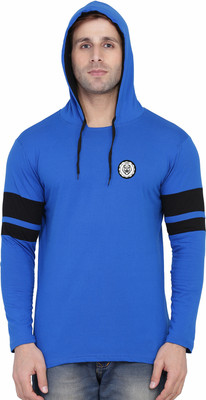 Blisstone Solid Men Hooded Neck Blue, Black T-Shirt