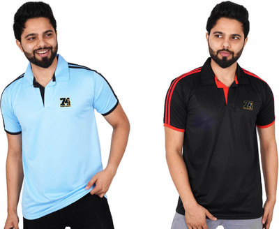 La Milano Striped Men Polo Neck Black, Blue T-Shirt