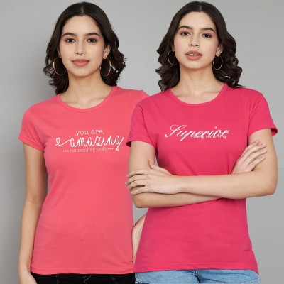 Trend Level Printed, Typography Women Round Neck Pink T-Shirt