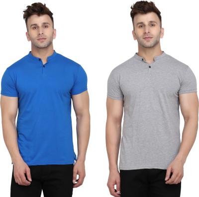 Blisstone Solid Men Mandarin Collar Silver, Blue T-Shirt