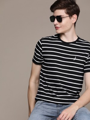 NAUTICA Striped Men Round Neck Black T-Shirt