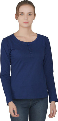 Trendfull Solid Women Henley Neck Blue T-Shirt