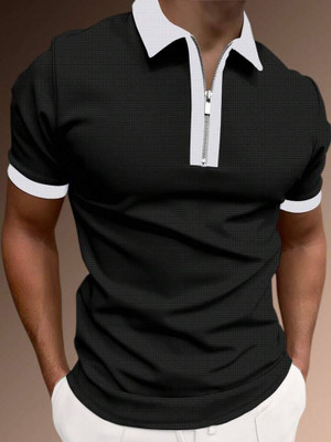 HPD Self Design Men Zip Neck Black T-Shirt