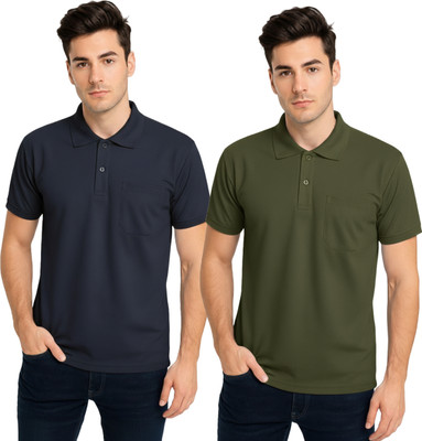 tshirt Solid Men Polo Neck Navy Blue, Green T-Shirt