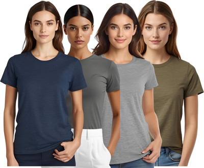 SHARXTRENDS Solid Women Round Neck Navy Blue, Silver, Grey, Green T-Shirt
