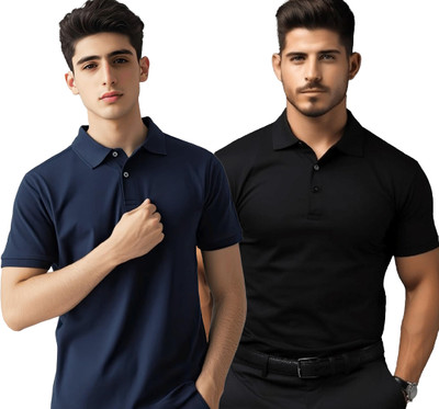 JEDFER Solid Men Polo Neck Navy Blue, Black T-Shirt