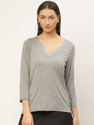 Rute Solid Women V Neck Grey T-Shirt