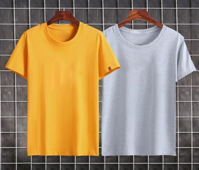 MONKEY BOYS Solid Men Round Neck White, Yellow T-Shirt