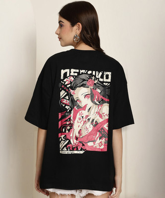 Fabflee Printed Women Round Neck Black T-Shirt