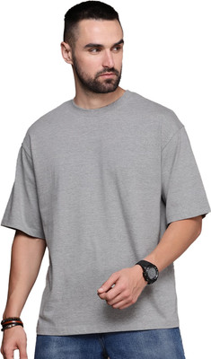 Leotude Solid Men Round Neck Grey T-Shirt