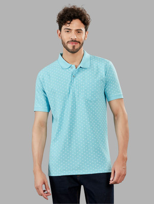 BE POSITIVE Printed Men Polo Neck Blue T-Shirt