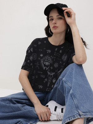 Roadster Printed Women Round Neck Black T-Shirt