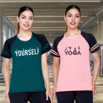 White Moon Graphic Print Women Round Neck Green, Pink T-Shirt