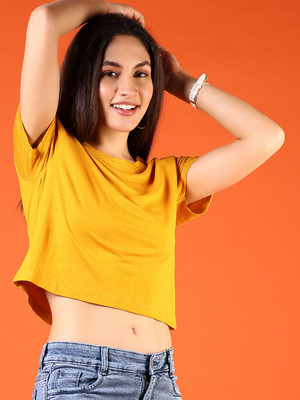 V-MART Striped Women Round Neck Yellow T-Shirt