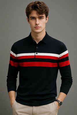 FAOES Striped Men Polo Neck Black T-Shirt