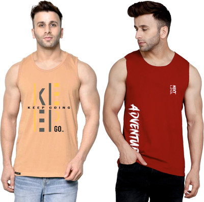 SLOWLORIS Printed Men Round Neck Beige, Maroon T-Shirt