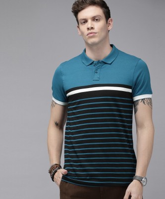 Roadster Striped Men Polo Neck Blue T-Shirt