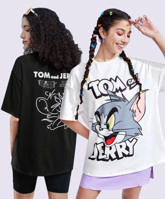 TOM AND JERRY by DreamBe Printed Women Round Neck Black, White T-Shirt