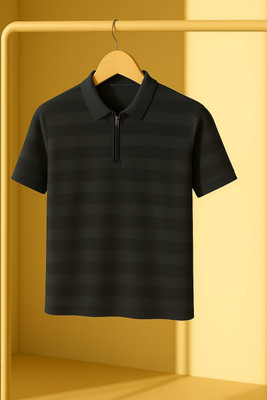 KASPY Striped Men Zip Neck Grey T-Shirt
