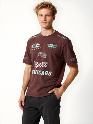Glitchez Printed Men Round Neck Brown T-Shirt
