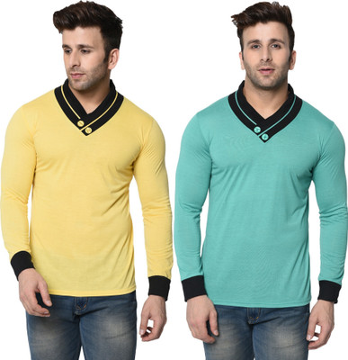 Tresna Trending Solid Men Shawl Neck Yellow, Light Green T-Shirt