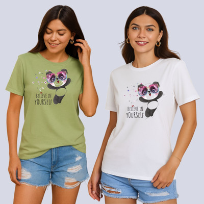 Lecowar Printed Women Round Neck Green, White T-Shirt