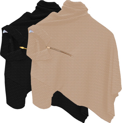 KAJARU Self Design Men Zip Neck Black, Beige T-Shirt
