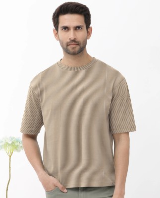 TEEMEX Striped Men Round Neck Brown T-Shirt