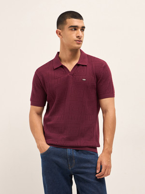 THE BEAR HOUSE Self Design Men Polo Neck Maroon T-Shirt