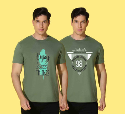 WOOSTRO Printed Men Round Neck Green T-Shirt