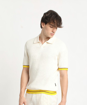 THE BEAR HOUSE Self Design Men Polo Neck White T-Shirt