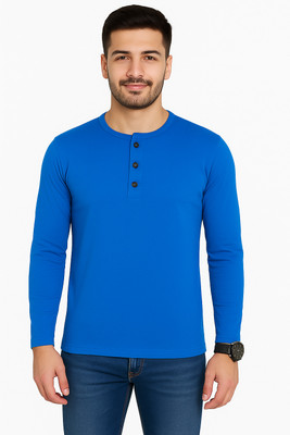 BEYOU FASHION Solid Men Henley Neck Blue T-Shirt