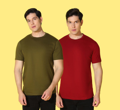 WOOSTRO Solid, Typography Men Round Neck Green, Maroon T-Shirt