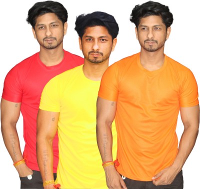 dooncaRT Solid Men Round Neck Yellow, Red, Orange T-Shirt