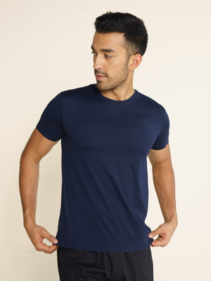 Damensch Solid Men Round Neck Navy Blue T-Shirt