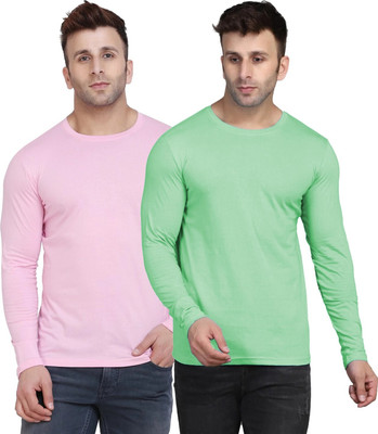 Kroptee Solid Men Round Neck Pink, Light Green T-Shirt