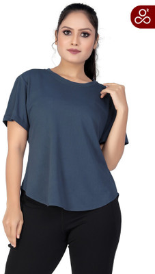 MYo2 Solid Women Round Neck Grey T-Shirt