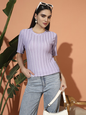 SOMVATI Self Design Women Round Neck Purple T-Shirt