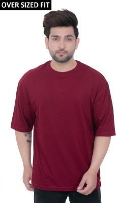 E-MAX Solid Men Round Neck Maroon T-Shirt