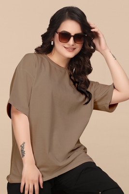 Moda Rapido Solid Women Round Neck Beige T-Shirt